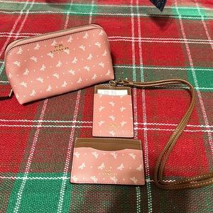 Coach pink and white butterfly cos case, cardholder, and lanyard